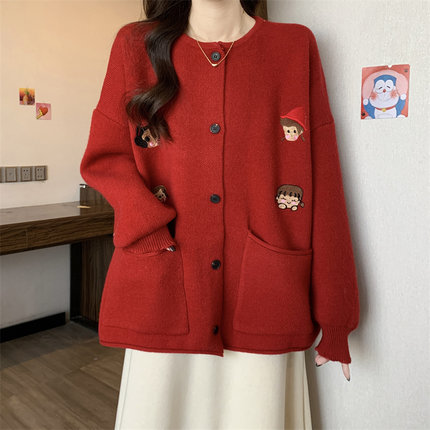 韩版卡通刺绣毛衣外套女秋冬大码胖mm宽松慵懒风可爱减龄针织开衫