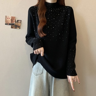 微胖mm显瘦宽松内搭打底针织上衣 满天星烫钻半高领毛衣女秋冬大码