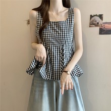 荷叶边格子吊带背心女外穿夏季大码胖mm法式短款显瘦方领无袖上衣