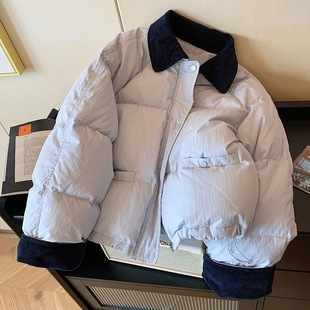 小个子百搭棉衣外套 加厚保暖短款 韩版 撞色灯芯绒翻领面包服女冬季