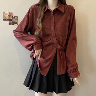 胖妹妹显瘦独特别致上衣 polo领灯芯绒长袖 衬衫 女春秋2025新款 大码