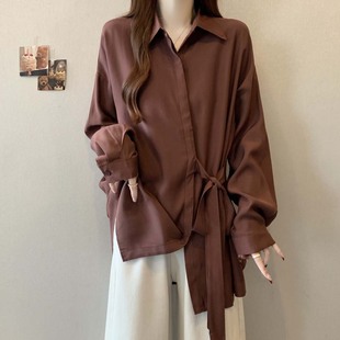 宽松上衣 设计感别致系带polo领长袖 衬衫 女春秋大码 胖mm显瘦中长款