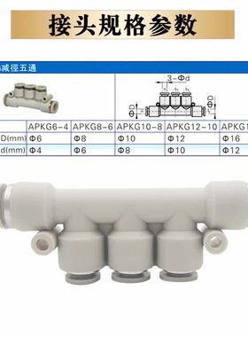亚德客五通变径接头APKG6-4 8-6 10-8 12-10 减径螺纹五通APKD8-6