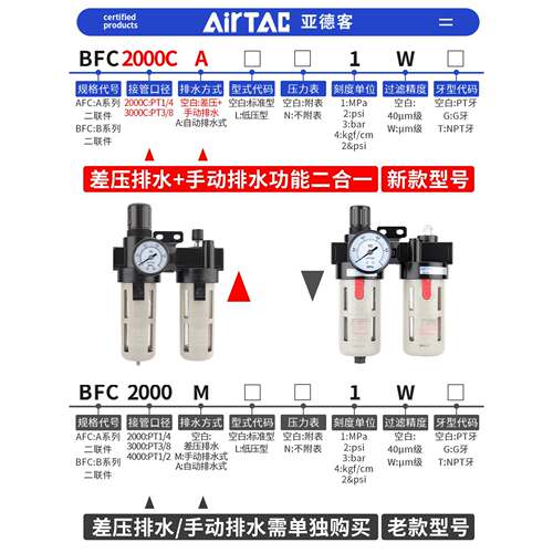 亚德客调压阀气动气源处理二联件BFC2000C空压机油水分离器过滤BF