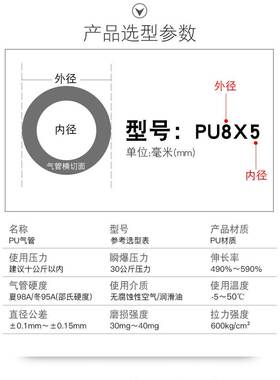 KNS柯耐斯 PU空压机气管外径4*2.5/6*4/8*5/10*6.5/12*8气动软管