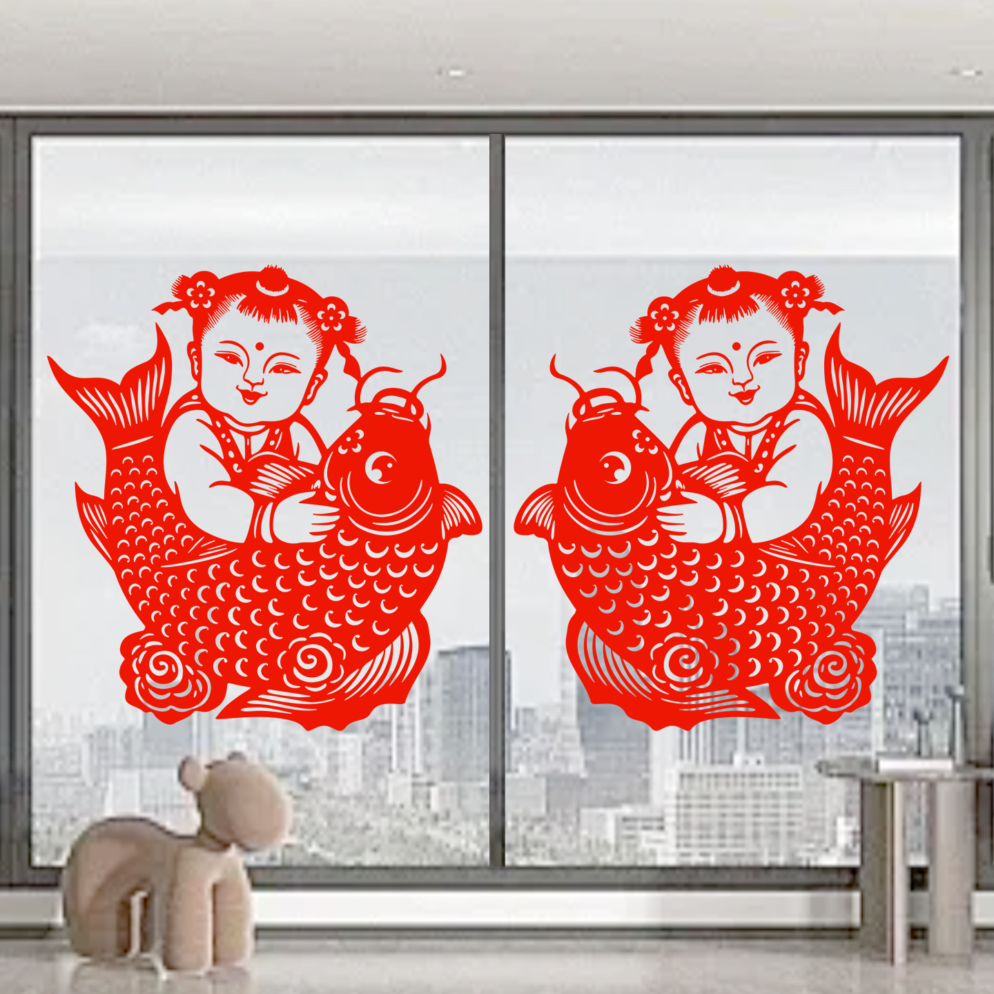 福娃窗花福字剪纸年年有余静电贴纸吉祥童子玻璃门贴2026新年春节