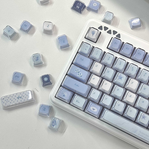 玫瑰蝶影蓝色系琥珀键帽热升华pc双层KDA高度ins风十字高颜值键帽