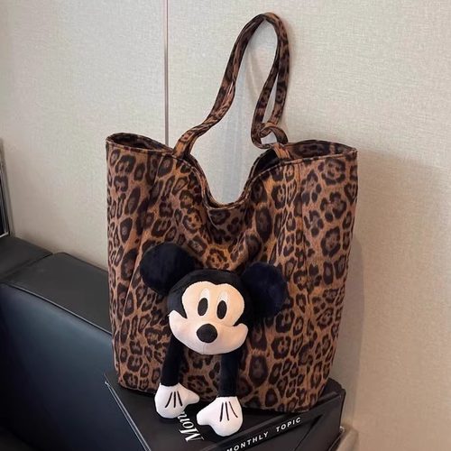 手提帆布包女大容量豹纹韩系慵懒风百搭大学生上课单肩手拎水桶包