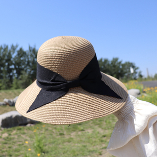 蝴蝶结帽子大帽檐沙滩草帽女夏季遮脸太阳帽遮阳帽可折叠防晒帽子