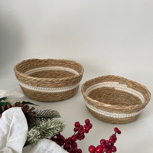 蒲草棉绳拼接编织收纳盘北欧收纳篮杂物玄关化妆台茶几收纳置物
