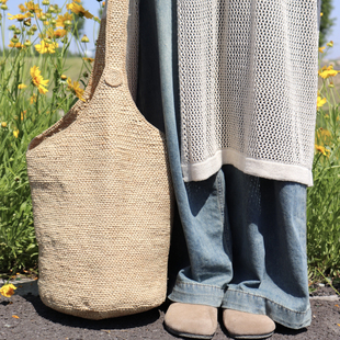 小众手编拉菲草包ins风法式 复古单肩大容量度假出游沙滩大水桶包