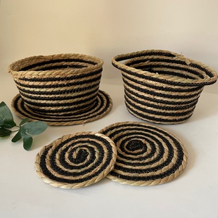 棉绳蒲草拼接收纳 简约创意田园草编花盆编织篮子 隔热垫组合