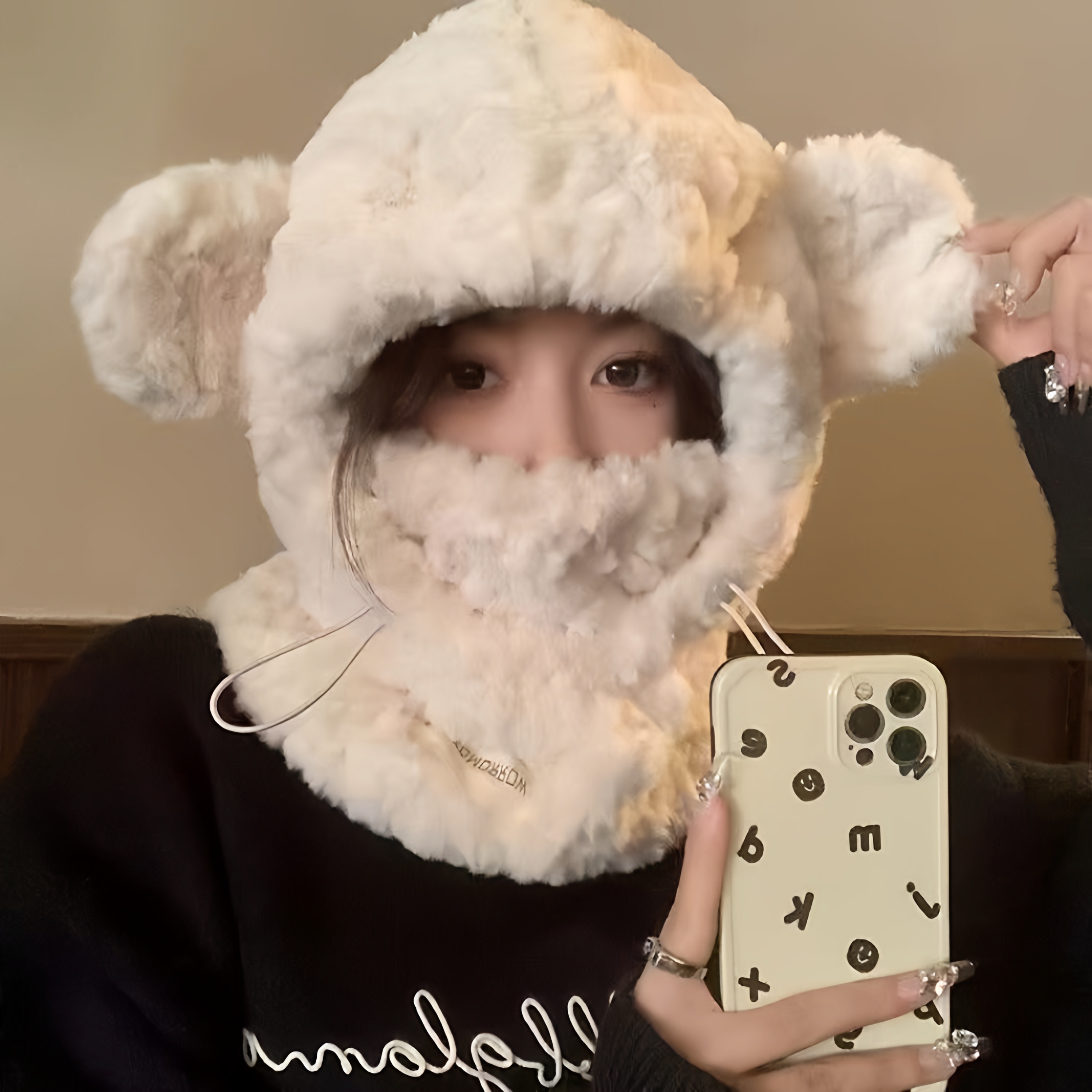 小熊耳朵帽子围脖口罩一体保暖防寒防风加绒加厚骑车套头帽雷锋帽