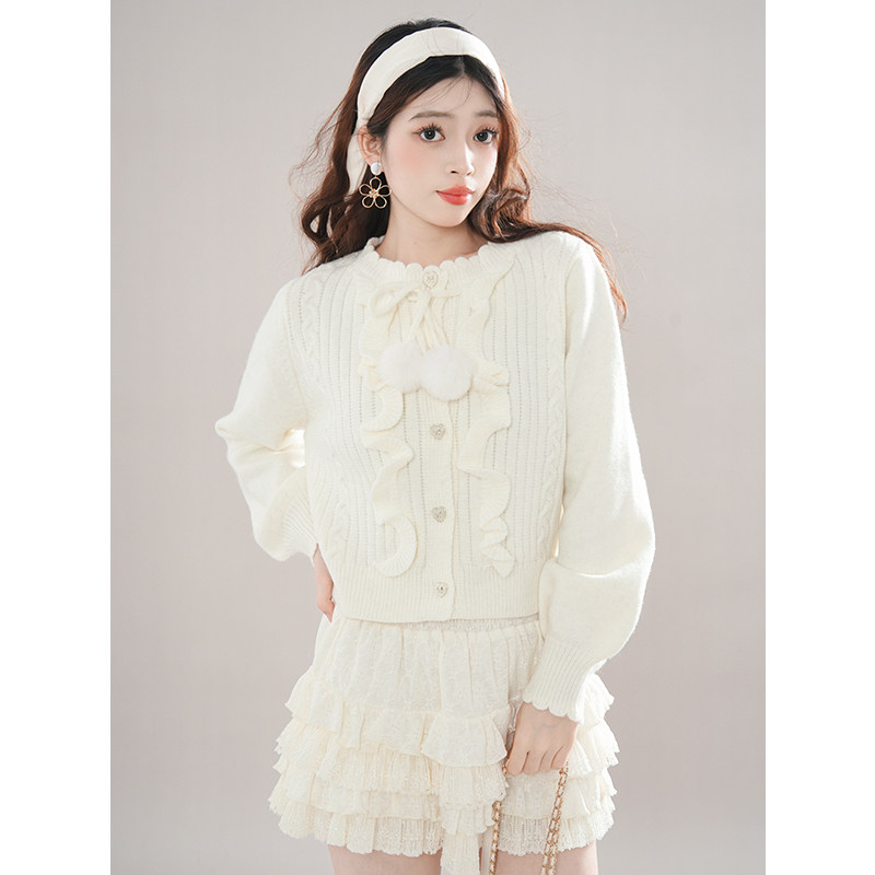 韩系甜美针织上衣气质白色毛衣百褶蛋糕半身裙两件套装女秋冬新款