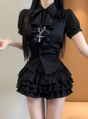 学院风泡泡袖衬衫蛋糕裙显瘦套装