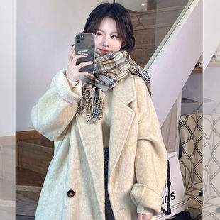 2025年新款冬季白色呢大衣小众中长款小个子高级感毛呢外套女冬装