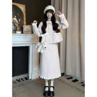 风吟雪 温柔缪斯 冬装搭配一整套粉色毛呢盐系轻熟两件套装裙