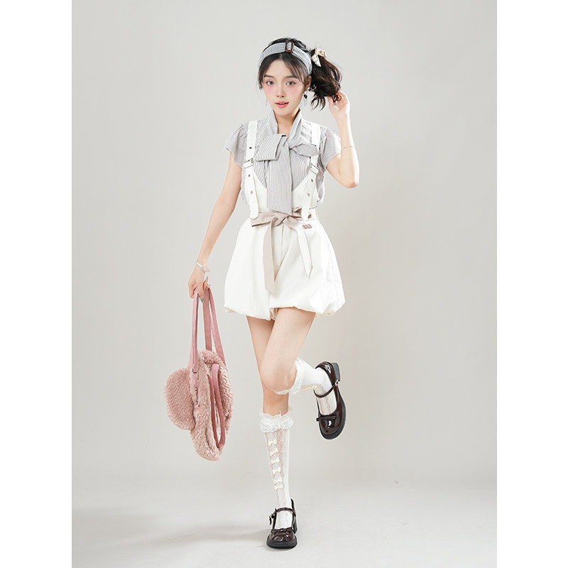 艺术系法则俏皮日系时髦蝴蝶结绑带衬衫花苞收腰背带裤套装夏季女