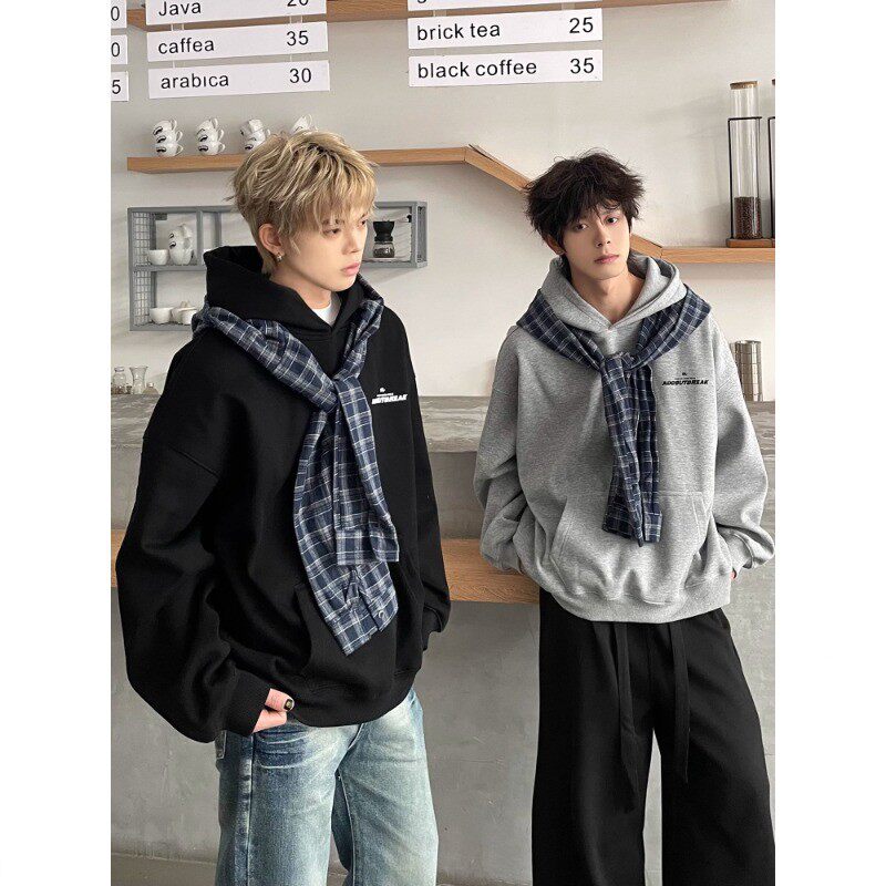 美式蓝色格子披肩拼接假两件连帽卫衣男款春秋情侣黑色外套上衣潮