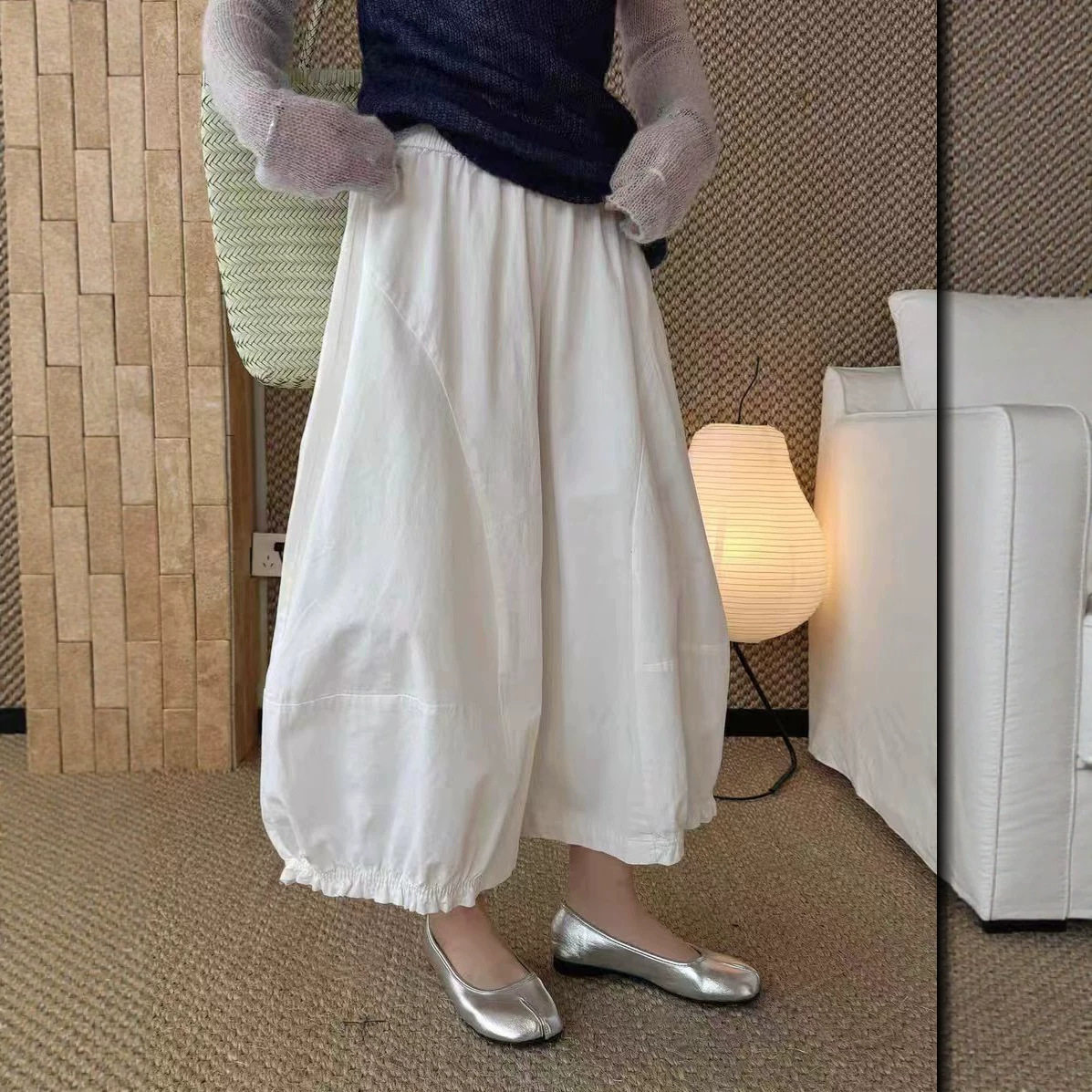 白色灯笼裤女夏季今年流行八分梧桐裤小个子设计感高腰花苞气球裤