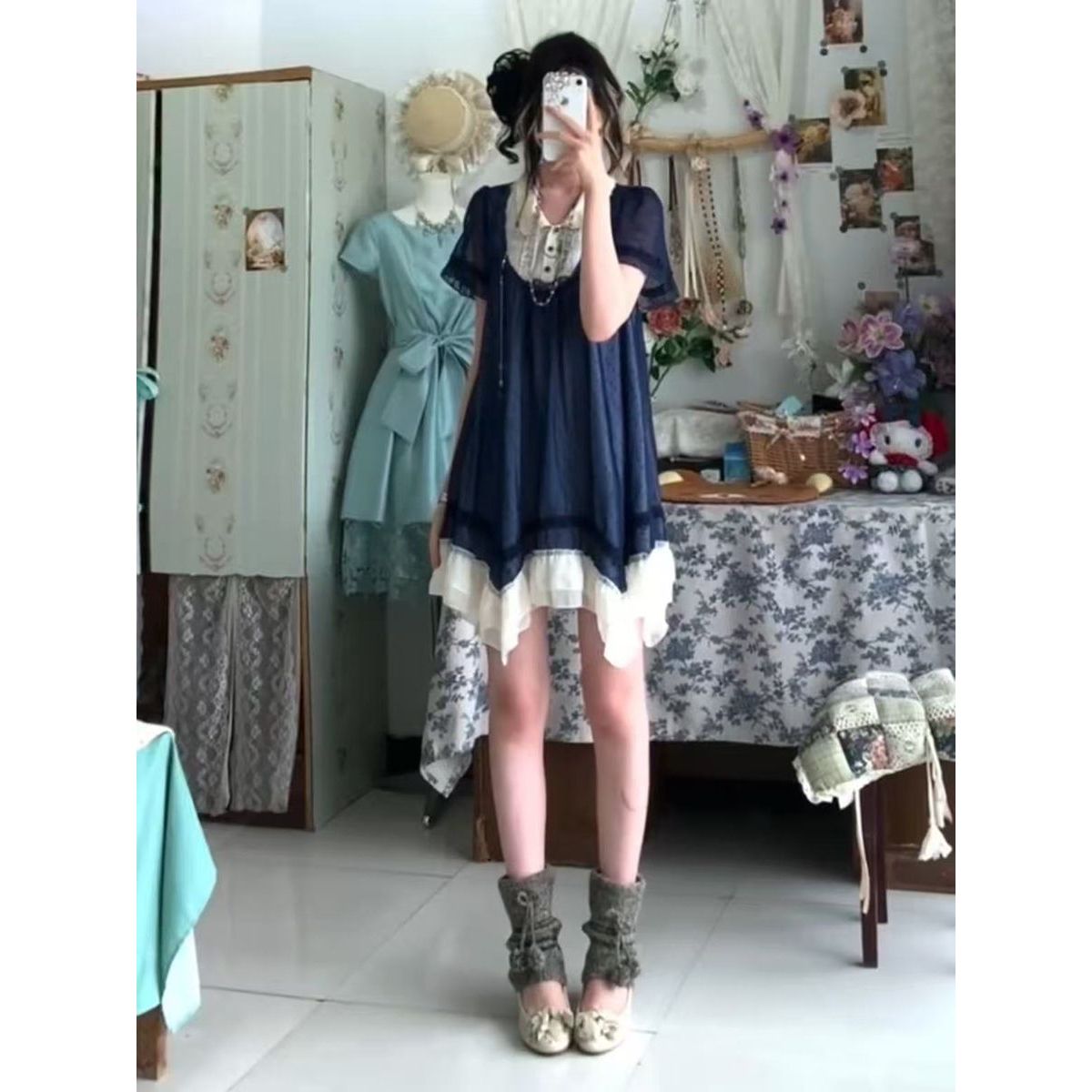 古着vintage假两件连衣裙女夏季新款小众设计复古蕾丝拼接短裙子