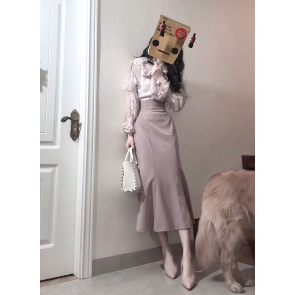 日系清楚系蕾丝拼接长袖衬衫女夏季2026新款高腰包臀鱼尾长裙套装