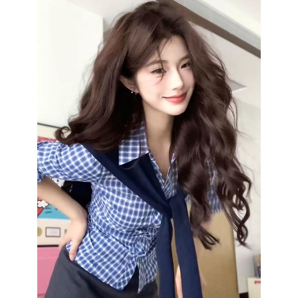 韩系学院风套装女高级感修身显瘦格子衬衫披肩短款灰色裤裙两件套