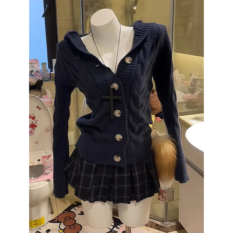 韩系学院风麻花针织开衫女秋冬高级感修身小个子短款连帽毛衣外套