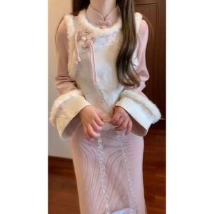 民国风新中式马甲连衣裙套装女春秋复古小个子改良旗袍穿搭甜美风