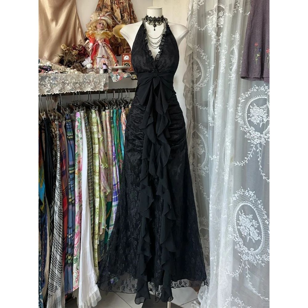 新中式黑色气质辣妹礼服吊带连衣裙女夏季气质海边度假收腰长裙子