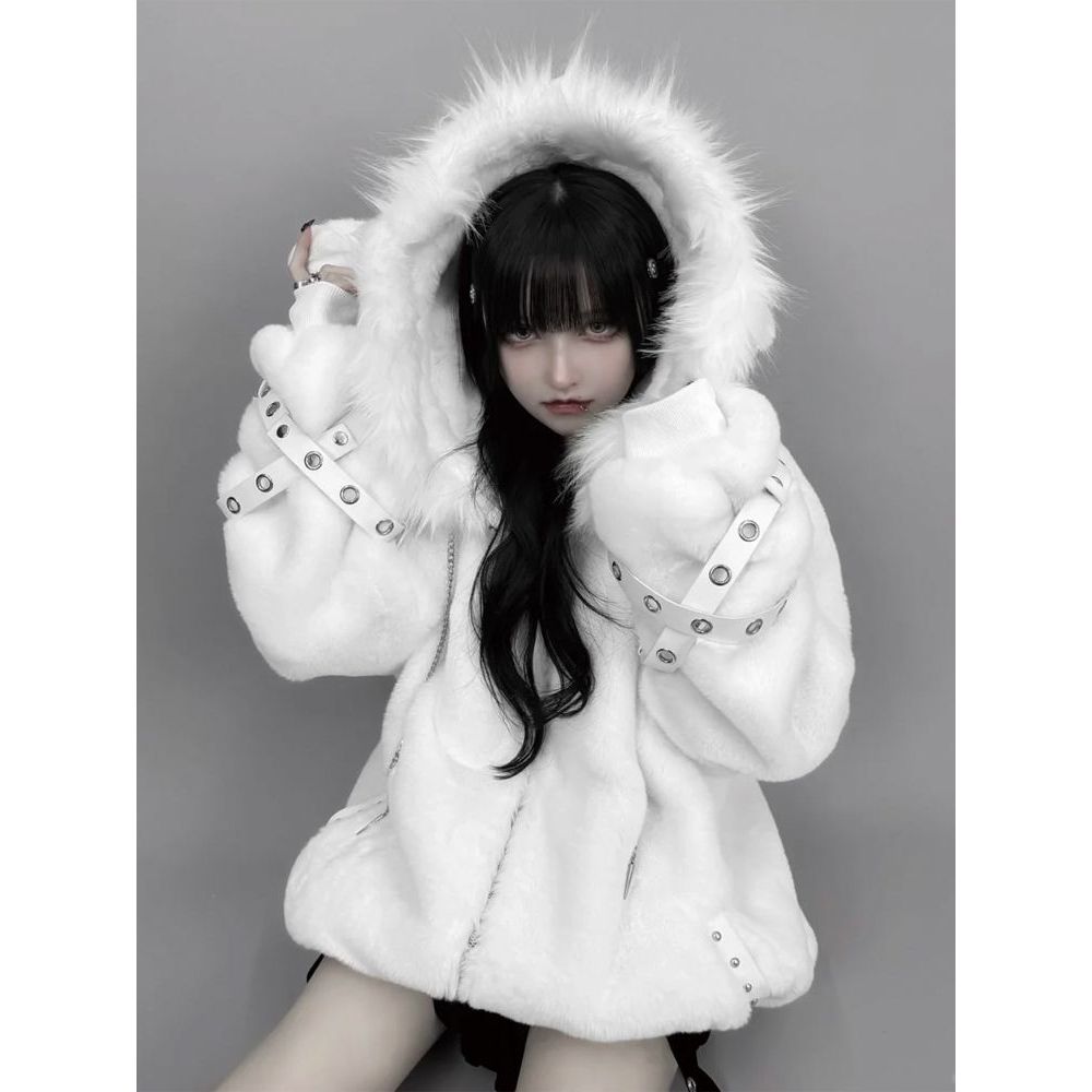 原宿日系y2k大衣女秋冬季亚文化朋克蕾系小羊耳朵可爱毛毛绒外套