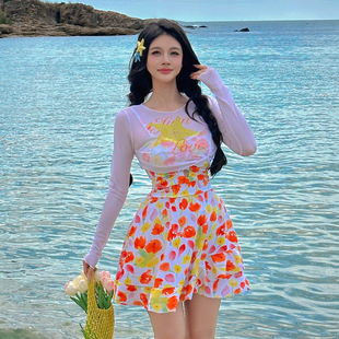 微胖少女纯欲风遮肉ins泳装 莫奈花园泳衣女大码 胖mm200斤连体裙式