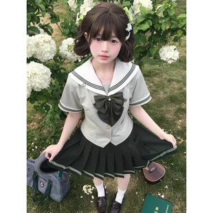 原创星岛高JK水手服女夏校供感抹茶茉莉收腰短袖中间服学院风套装
