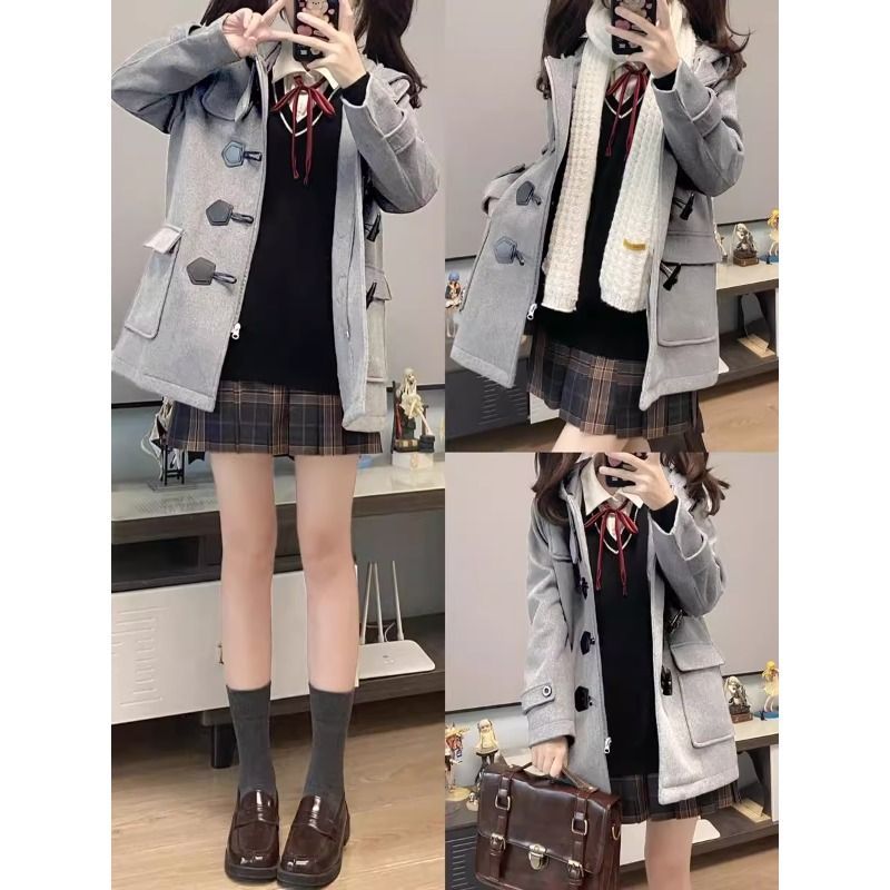日制校供感jk制服呢子大衣牛角扣毛呢外套女小个子秋冬学院风风衣