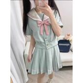 春樱夏日与薄荷色海军风粉襟水手服jk制服套装 和风学院蝴蝶结风铃