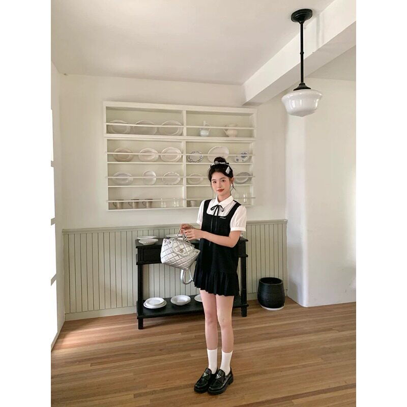jk背心裙子夏季日系学院风女甜美可爱吊带裙假两件衬衫连衣裙套装
