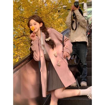盐渍青梅同款JK粉色日系连帽牛角扣加厚小个子毛呢外套女外学院风