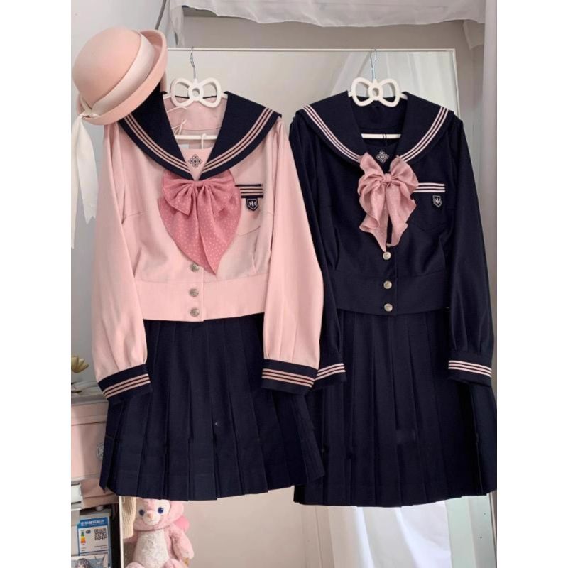 抚蝶女子收腰长袖短袖中间水手服秋冬高腰绀色裙子粉色jk套装制服