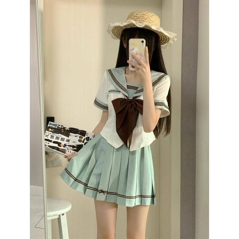 LBTUPR 小巧莓薄荷奶绿日系收腰显瘦JK制服套装水手服中间服领结