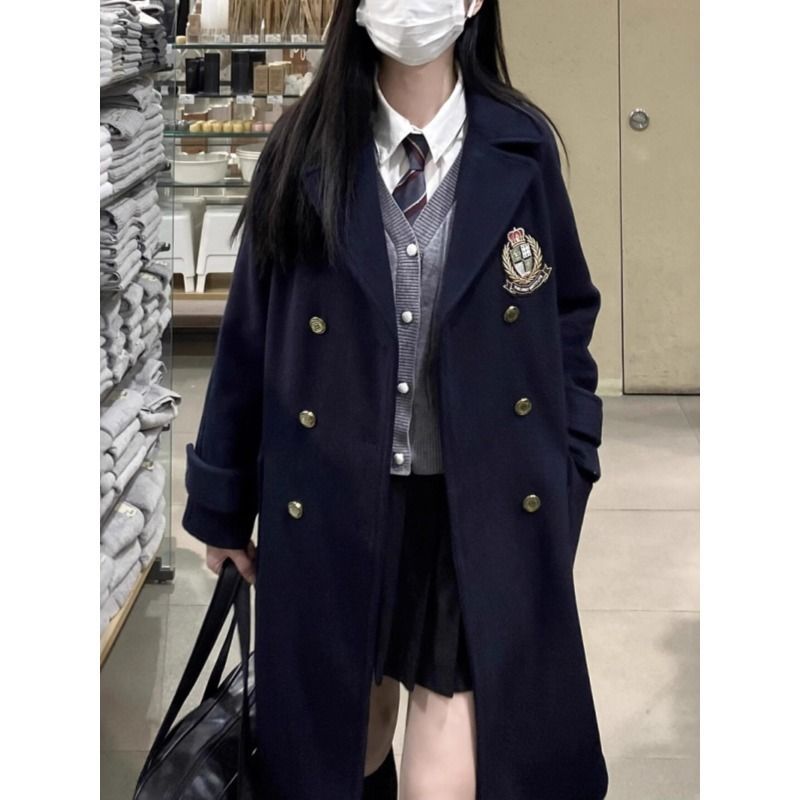 日系JK毛呢外套女秋冬初中高中学生学院风中长款夹棉呢子西装大衣