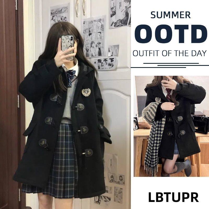 LBTUPR 秋冬牛角扣呢子学院风校供感大衣jk短款毛呢外套女小个子
