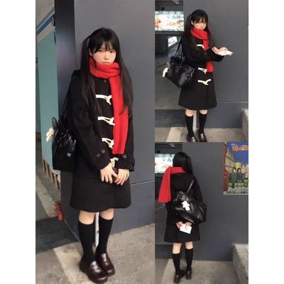 黑色粉色灰色牛角扣大衣jk制服中长款学院风毛呢外套日制校供秋冬