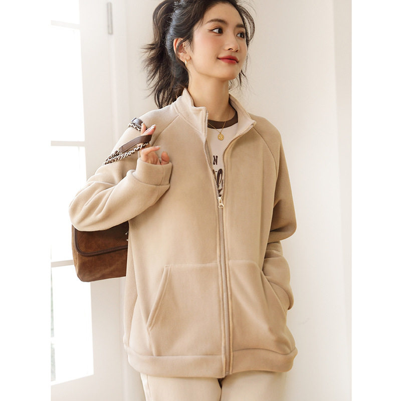 KOMU摇粒绒立领绒开衫外套羊羔绒女秋冬加绒加厚开衫宽松拉链卫衣