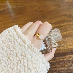 简约小众 和田玉羊脂玉圆珠戒指活口送女友礼物时尚 老鼠推月