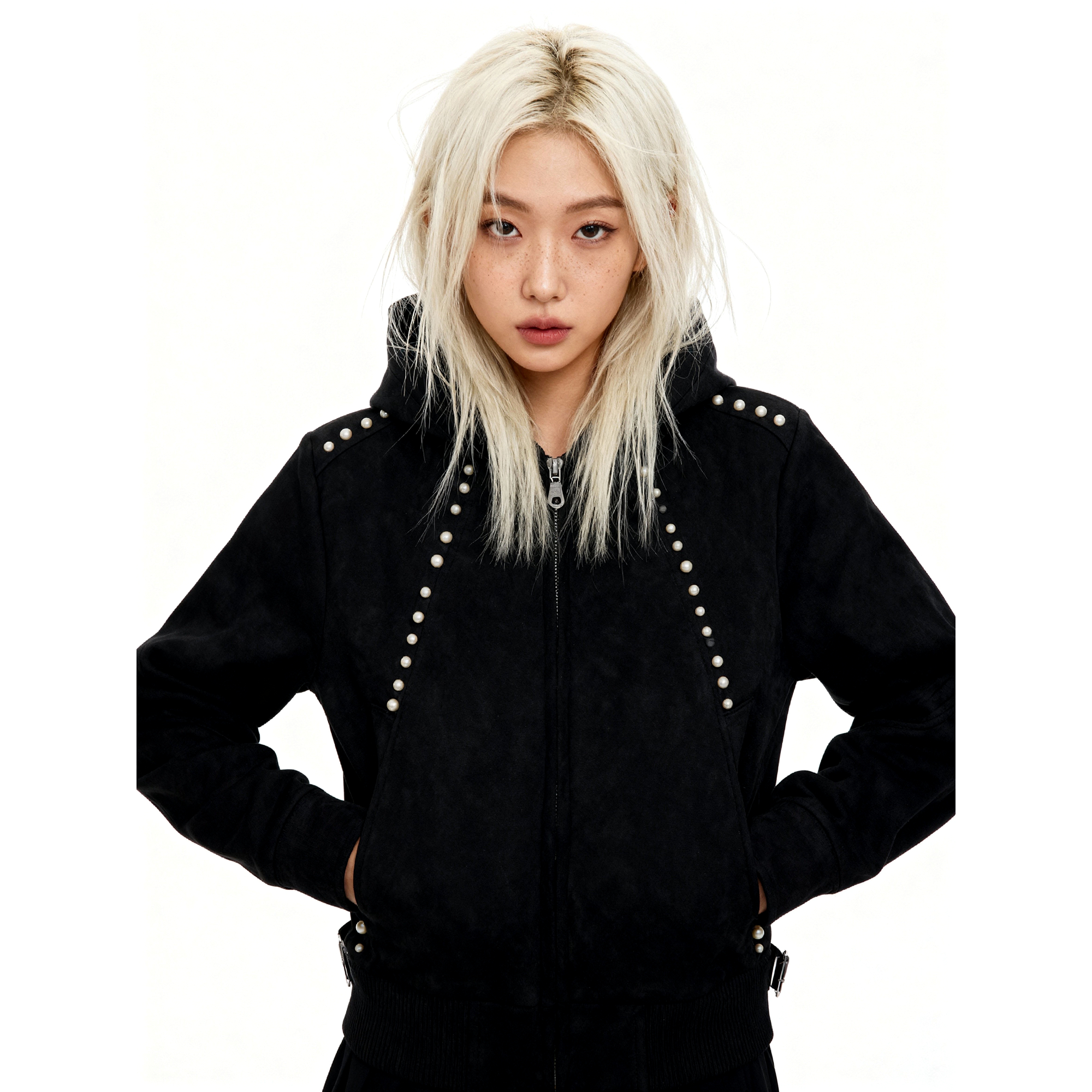 韩国 CTTSTUDIOS 设计师款珍珠铆钉黑色连帽短款秋冬拉链夹克上衣