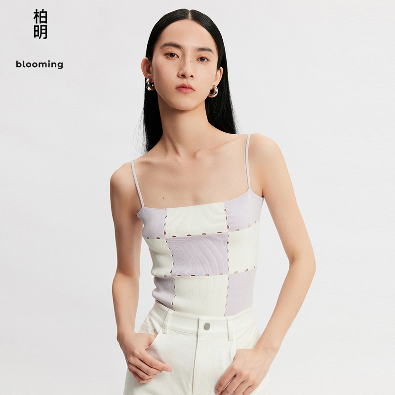 柏明blooming春季女装时尚修身镂空棋盘格针织细吊带-封面