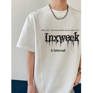 小青少年分割线荆棘字母短袖 上衣尼妮家白色高街潮酷T恤男潮流力