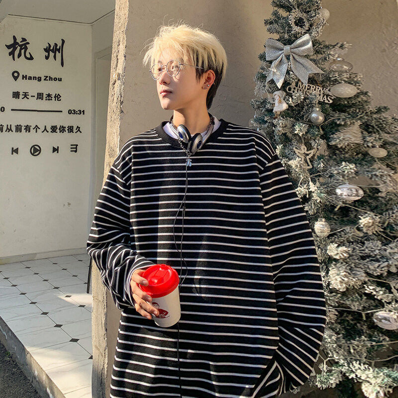 小青少年条纹长袖T恤男泥家打底衫妮力体恤上衣街头嘻哈潮流衣服