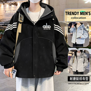 小青少年三条杠连帽夹克泥家茄克妮力韩版宽松连帽外套男街头潮流
