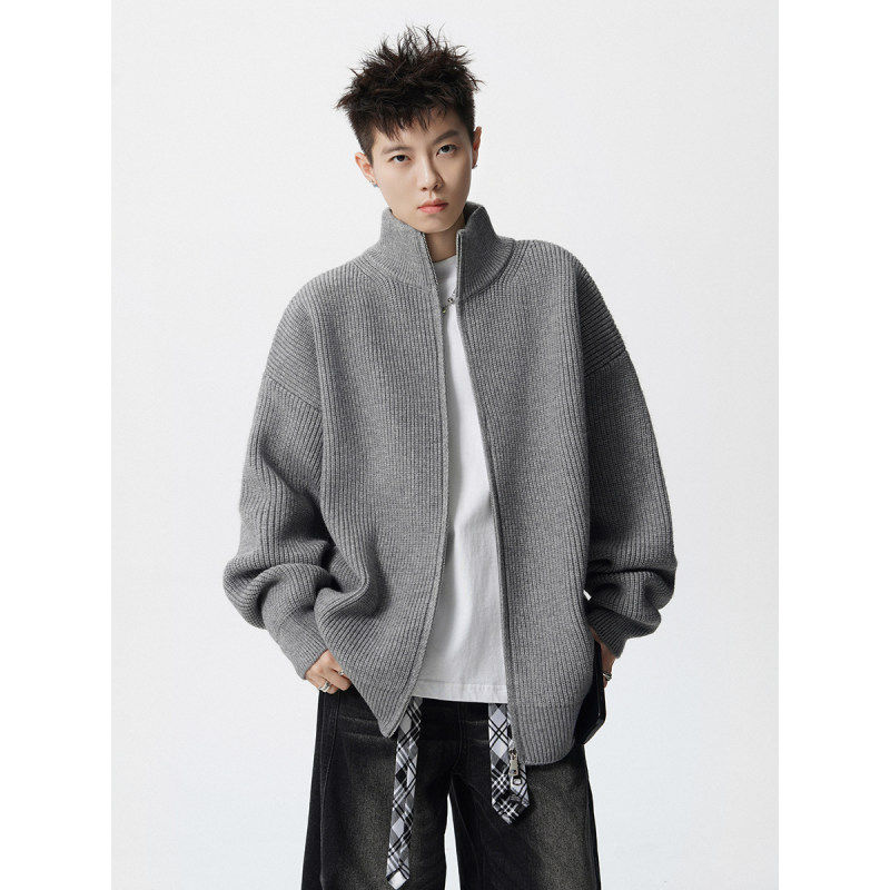 小青少年拉链开衫毛衣尼妮家纯色针织衫街头嘻哈潮流力立领外套男